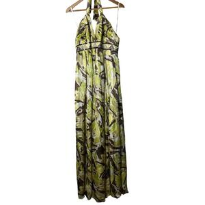 BCBGMAXAZRIA Maxi Dress Size 12 Halter Green Brown Abstract‎ Beaded Party